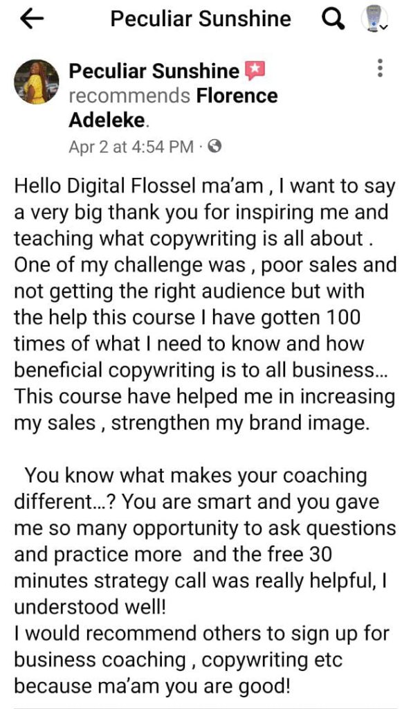 Digital Flossie Copywriting course testimonial